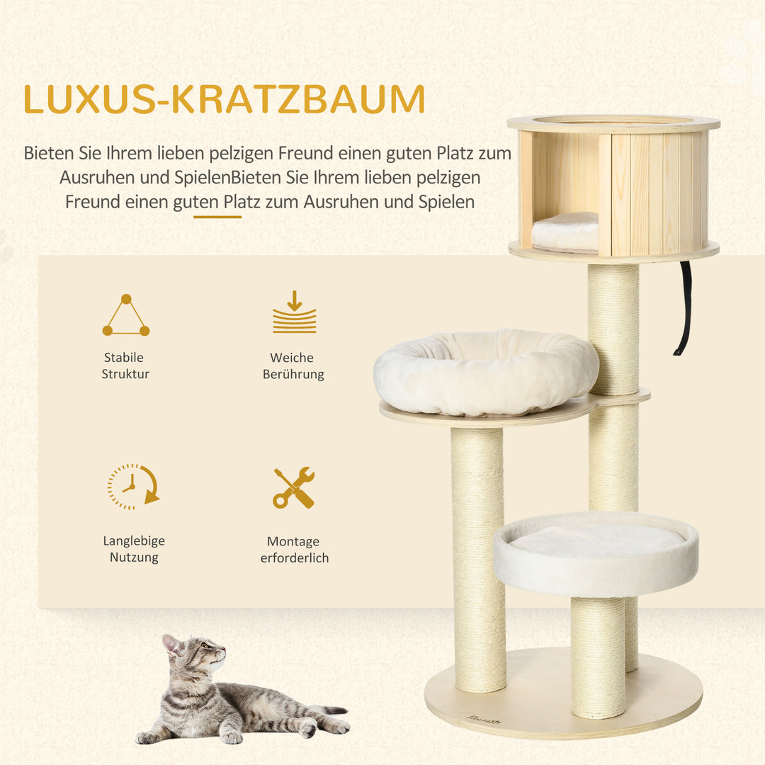 Kradsetræ 122 cm højt trækattetårn med tre niveauer, sisalstolper, platform, kradsetræ i flere niveauer, klatretræ til katte under 4,5 kg, naturlig + creme