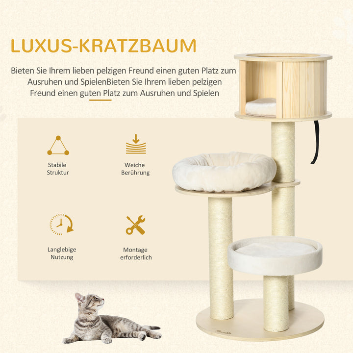 Kradsetræ 122 cm højt trækattetårn med tre niveauer, sisalstolper, platform, kradsetræ i flere niveauer, klatretræ til katte under 4,5 kg, naturlig + creme