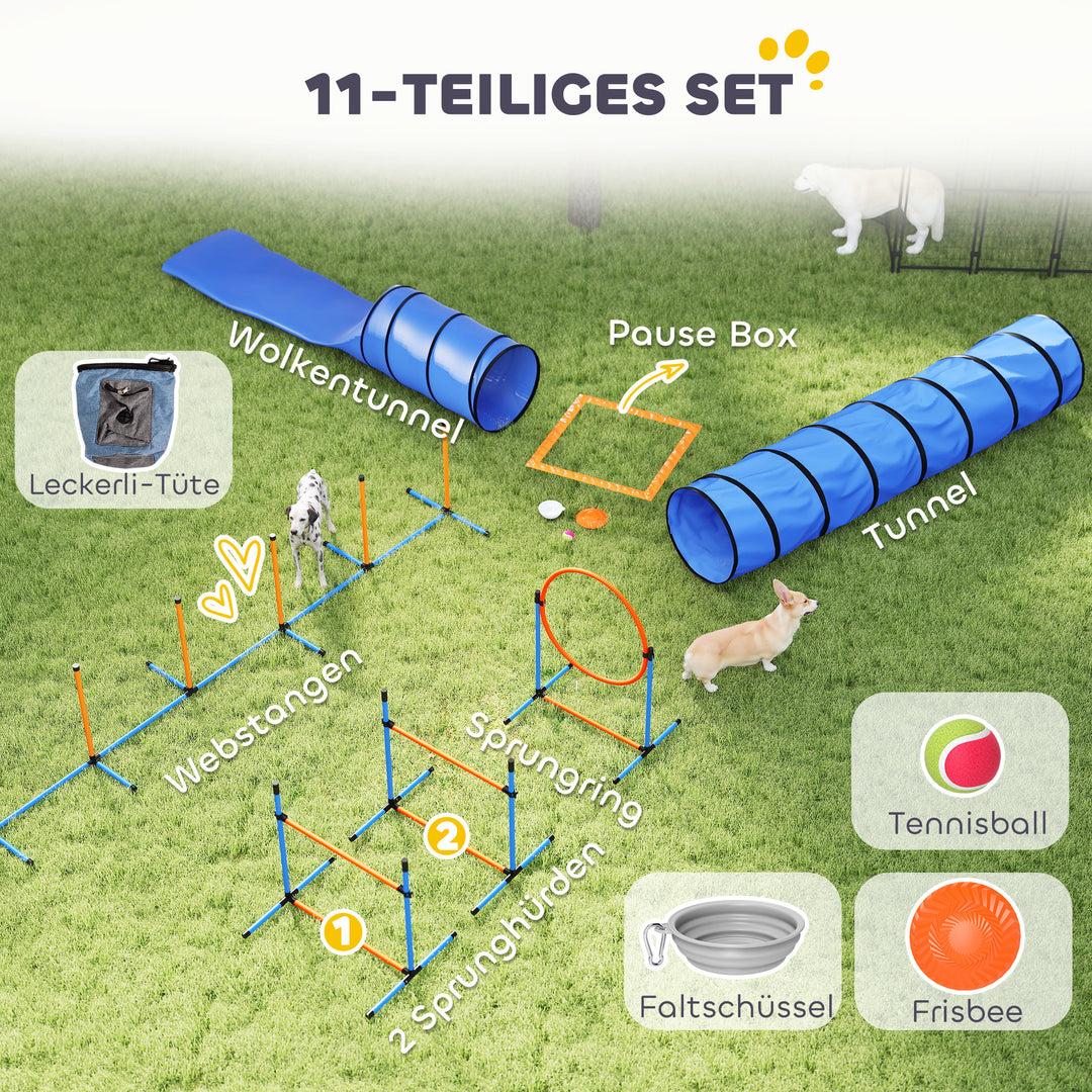 Agilitysæt til hunde, 11-delt agilityudstyr til hunde med 2 tunneler, højdejusterbar sjippering og hækkeløb, slalomstang