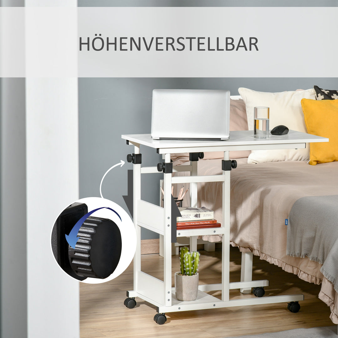 Sidebord med hjul, højdejusterbart, kompakt, 2 hylder, metalstel, 80x40x72-82 cm, hvid