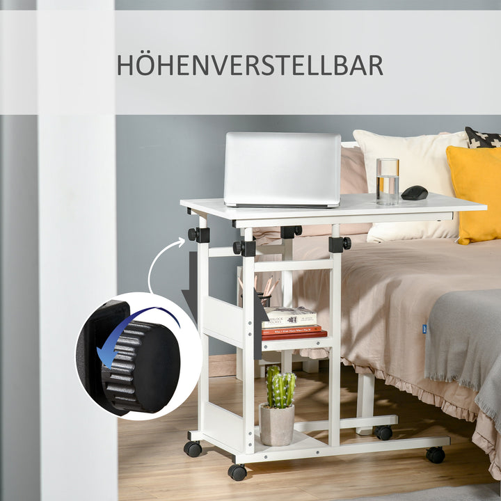 Sidebord med hjul, højdejusterbart, kompakt, 2 hylder, metalstel, 80x40x72-82 cm, hvid