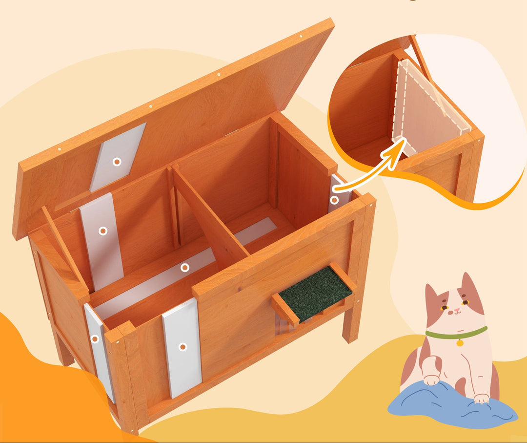 Kattehus udendørs, vejrbestandig, 1 vindue, 1 indgang, 85 x 50 x 68,5 cm, orange+grøn