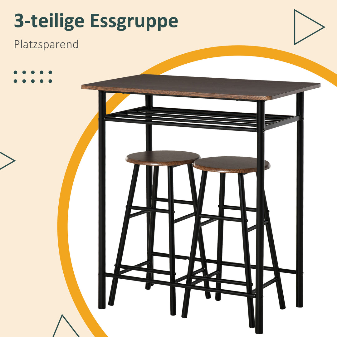Barsæt, 3 dele, bord og 2 skamler, hylde, industrielt design, sort/eg