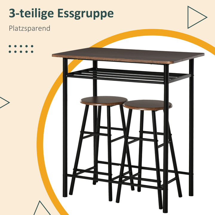 Barsæt, 3 dele, bord og 2 skamler, hylde, industrielt design, sort/eg