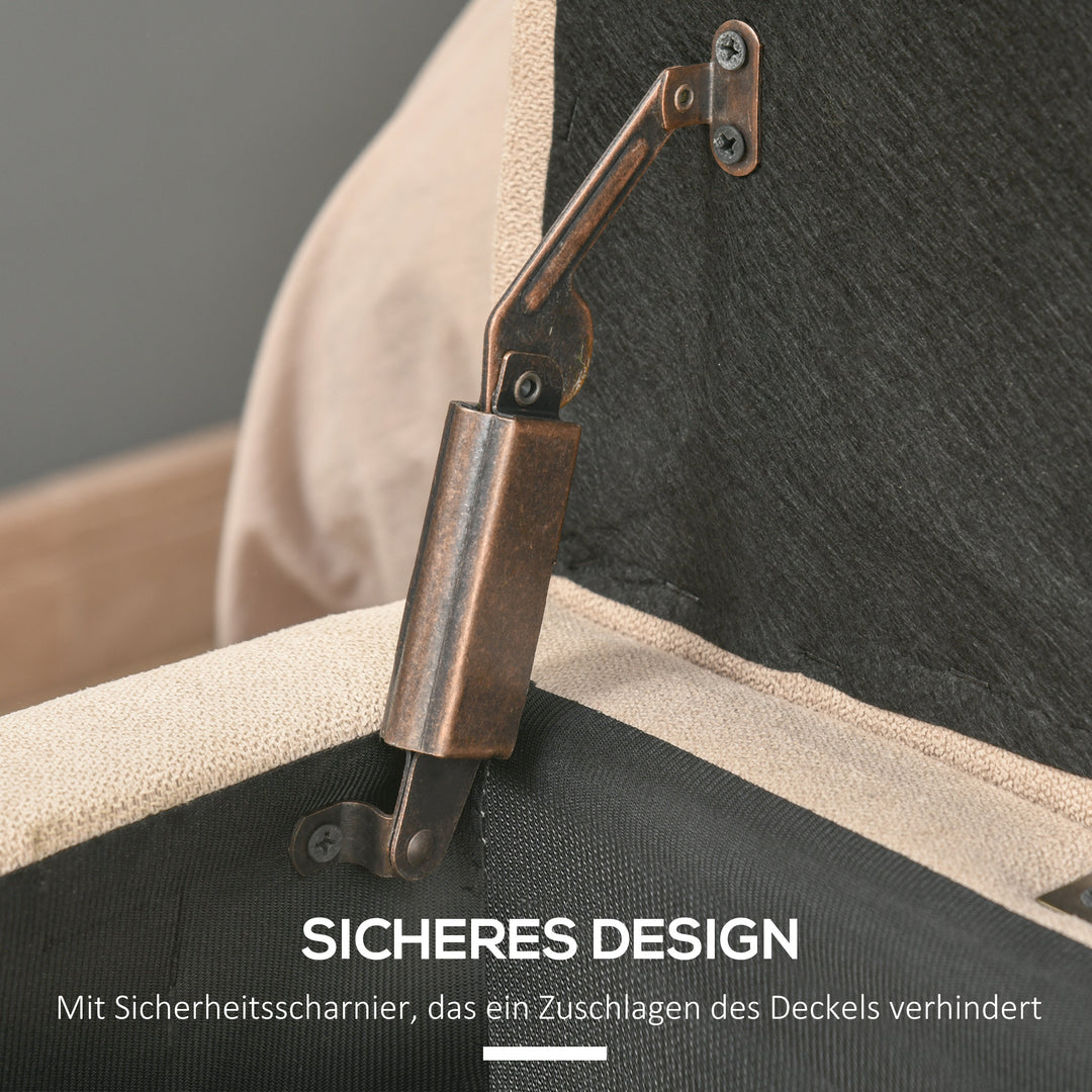 Polstret bænk med opbevaring, knapsyninger, op til 120 kg, 125 x 49 x 41,5 cm, beige