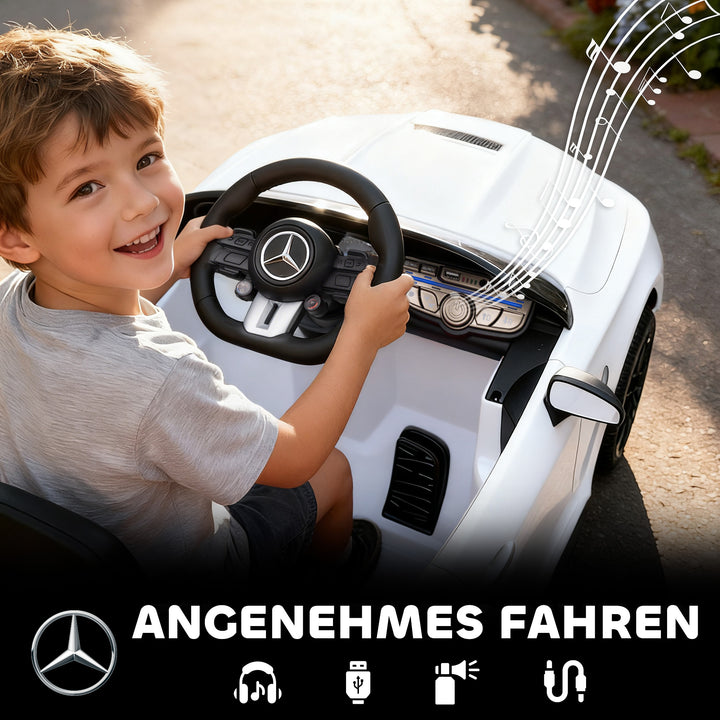 Børne elbil, Mercedes design, 12V motor, fjernbetjening, LED-lys, musik, til børn i alderen 3-6 år, hvid