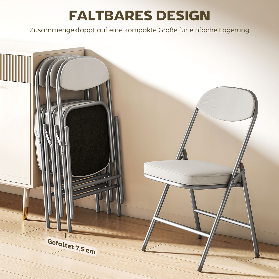 Sæt med 4 polstrede klapstole, klappelige stole med fløjlsbetræk, ryglæn, metalstel, cremehvid