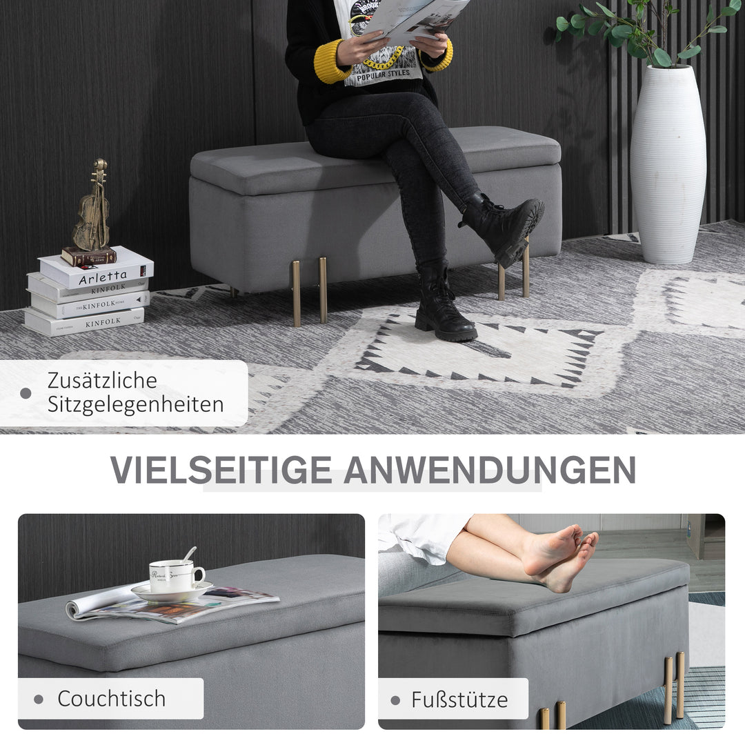 Opbevaringsbænk, polstret bænk med fløjlslook, opbevaringskommode med metalben, kommode til stue, soveværelse, entre, 100 x 40 x 42 cm, mørkegrå