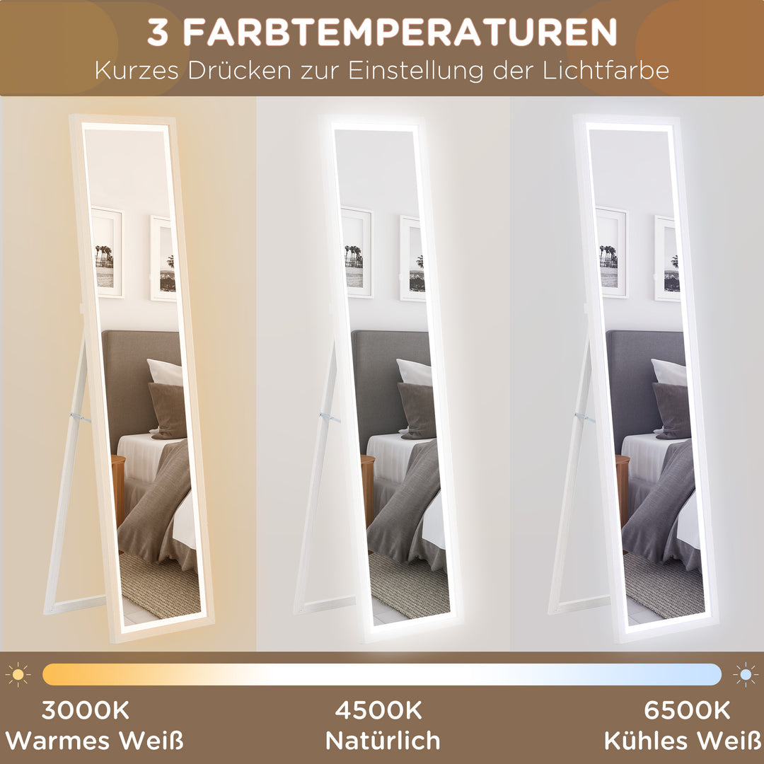 Helfigursspejl, 40x160 cm, led-belysning, touch-betjening, dæmpbar, 3 farver, hvid