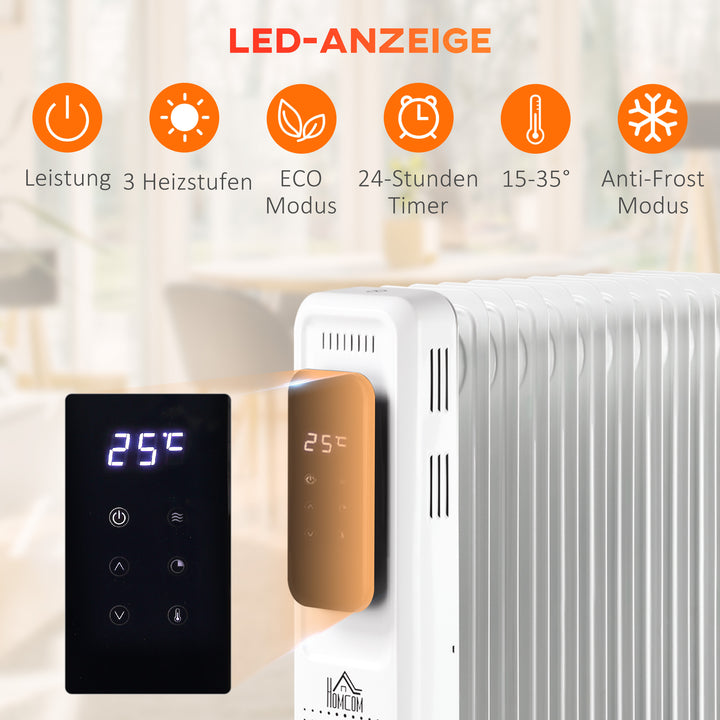 Olievarmer, 3 varmeindstillinger, touchskærm, 15-35° c, 2000 w, stål, hvid, 42,5 x 24 x 63 cm