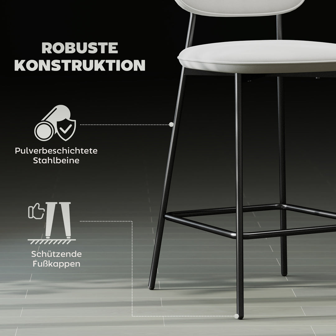 Sæt med 2 barstole, bistrostole med fodstøtte, fløjlsbetræk, stålben, til spisestue, 45 x 49 x 102 cm, lysegrå
