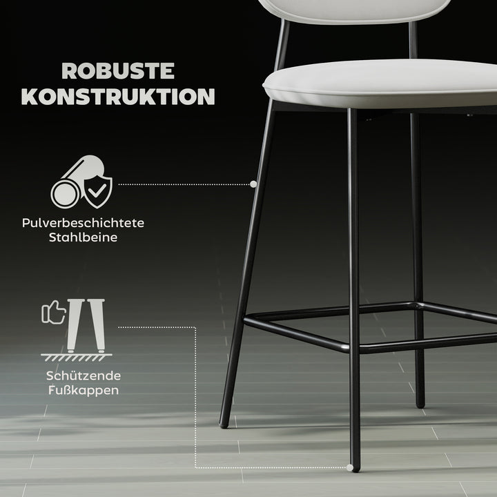 Sæt med 2 barstole, bistrostole med fodstøtte, fløjlsbetræk, stålben, til spisestue, 45 x 49 x 102 cm, lysegrå