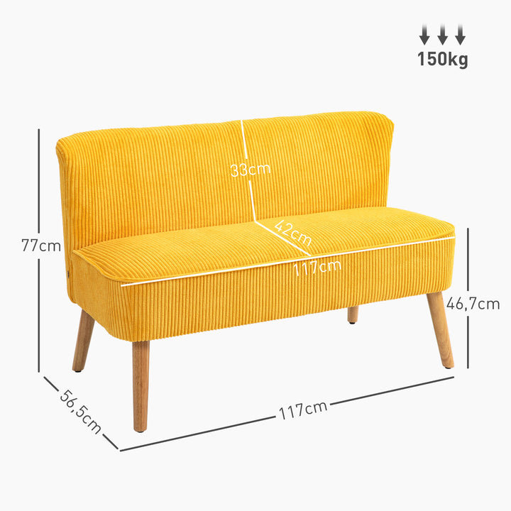 To-personers sofa, elegant skandinavisk design, massivt træstel, op til 150 kg, 117 x 56,5 x 77 cm, gul