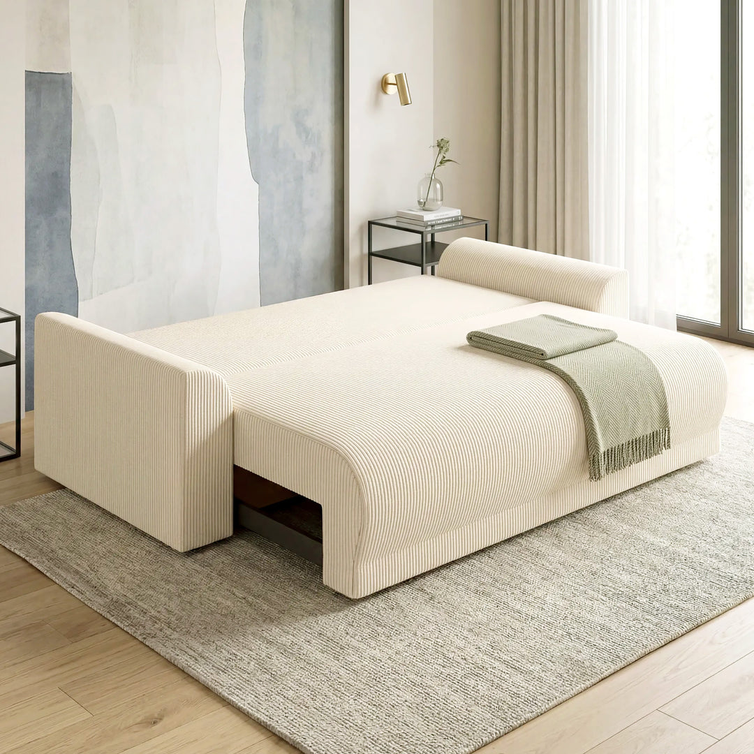 Sovesofa 190x150cm 3-personers sofa med sovefunktion, hynder, opbevaringsplads, corduroy-look til stuen, beige