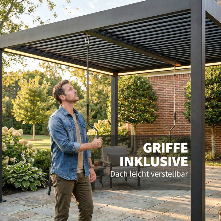 Pergola 3x3 m terrassetag i aluminium med LED-belysning, fjernbetjening, justerbart lameltag