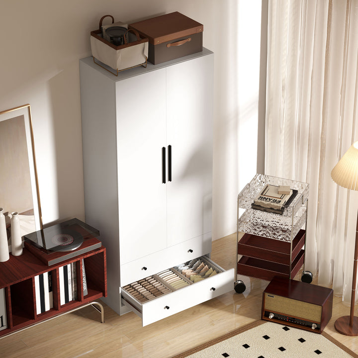 Garderobe, 2 døre, bøjleområde, bøjlestang, 2 skuffer, spånplade, hvid