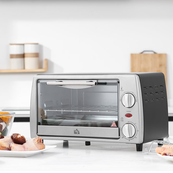 Miniovn 10 L 750W 100-230℃ 60 min timer med bageplade, grillrist og aftagelig bundplade, pizzaovn sølv