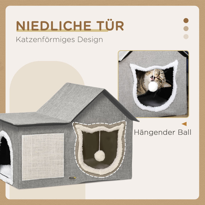 Kattehus med kradsetræ, inklusive legebold, kattehule, 65 cm x 41 cm x 45,5 h cm, brun + hvid + beige