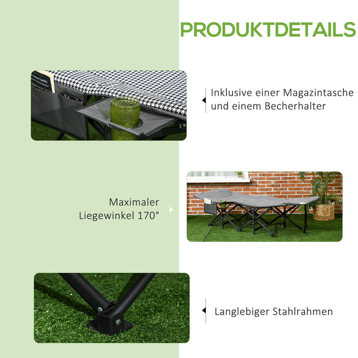 Foldbar liggestol med 1 sidelomme og 1 kopholder, 68 cm x 186 cm x 48 cm, sort og hvid