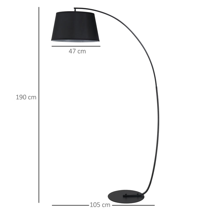 Gulvlampe, buet gulvlampe med stofskærm, gulvlampe med rund fod, metal, 105l x 47b x 190h cm, sort