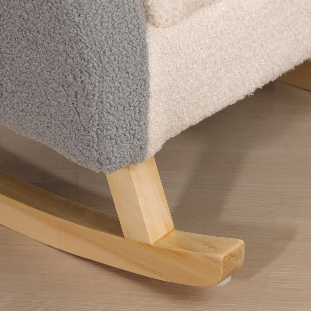 Gyngestol til småbørn, sødt design, kunstigt fåreskind, eukalyptustræ, 50 x 45 x 44 cm, grå+lyserød+creme