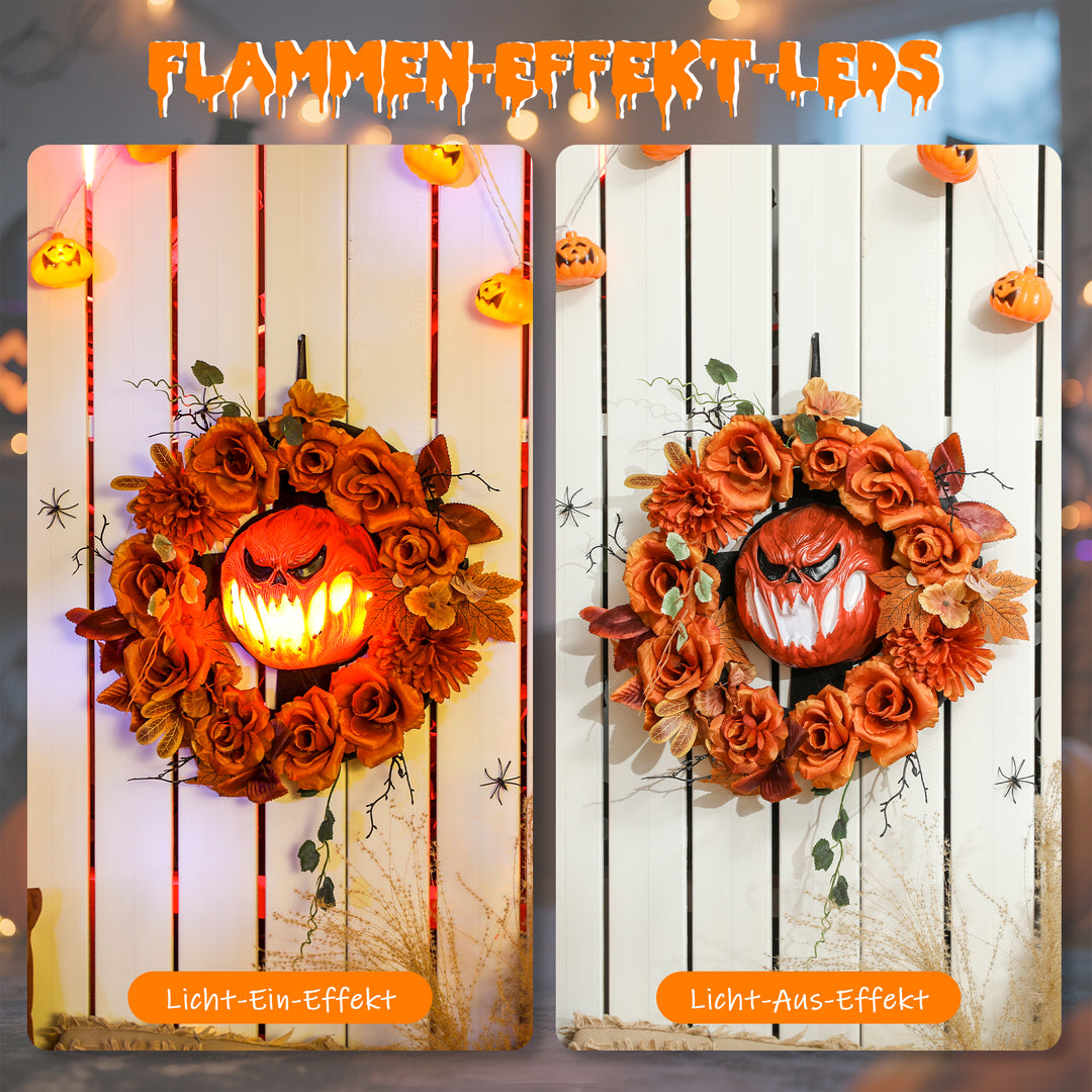 Halloween-krans, uhyggeligt græskardesign, efterårsblade, lyseffekter, plastik