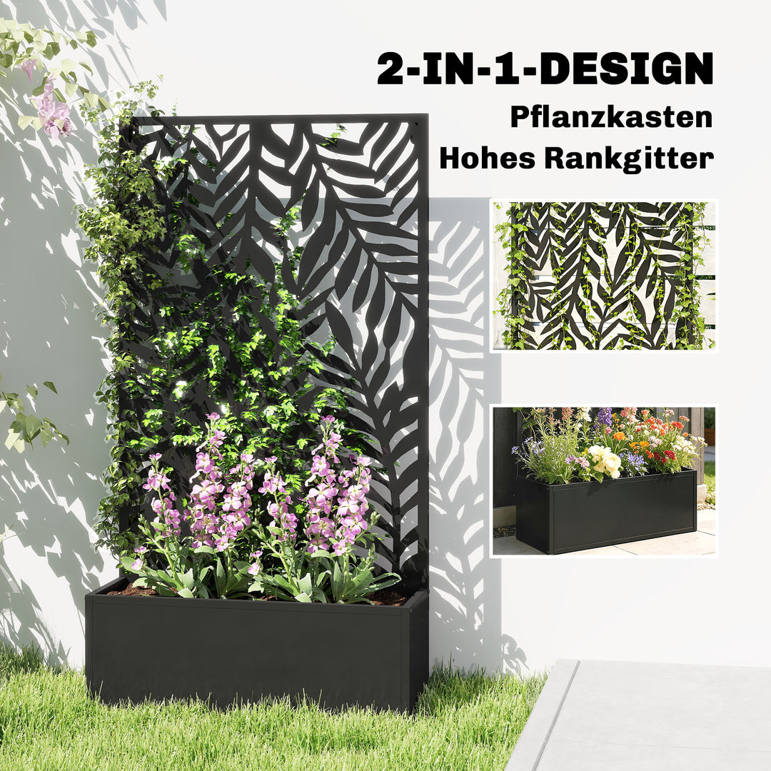 Blomsterkasse med afskærmning, plantekasse med espalier og tropiske bladmotiver, 61 x 23 x 113 cm, sort