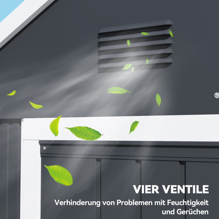 Haveskur, metalredskabsskur, dobbeltdør, vindue, 259x172x222 cm, grå/hvid