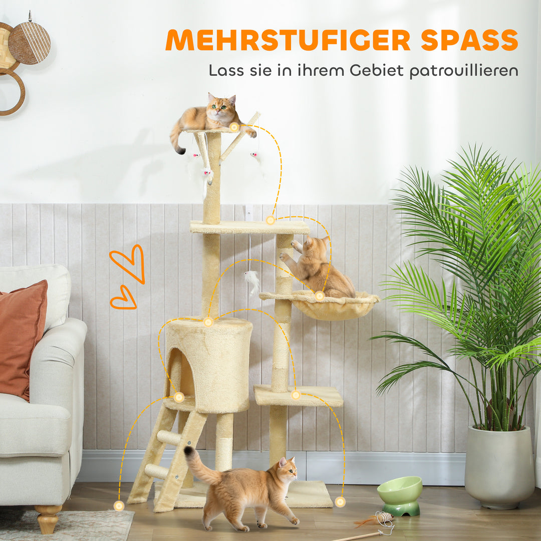 Kradsetræ med hule, 4 legetøj, sisalstolper, stor platform, trappe, til katte under 5 kg, beige