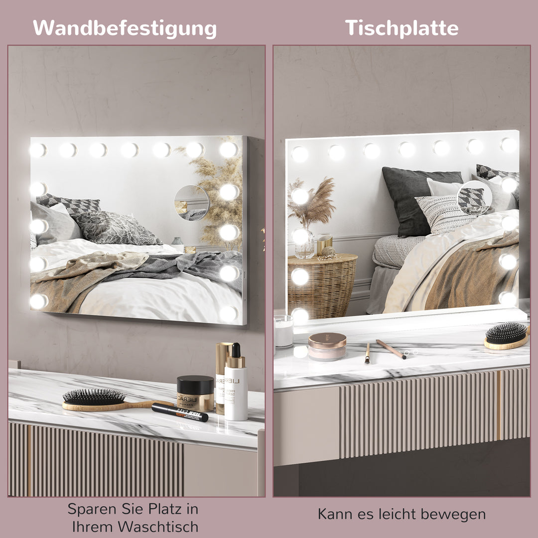 Led-kosmetikspejl, 3 lysindstillinger, dæmpbar, touch-betjening, usb, 58x48cm, hvid