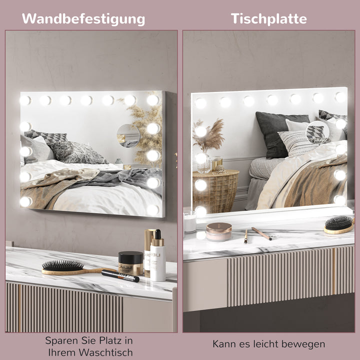 Led-kosmetikspejl, 3 lysindstillinger, dæmpbar, touch-betjening, usb, 58x48cm, hvid