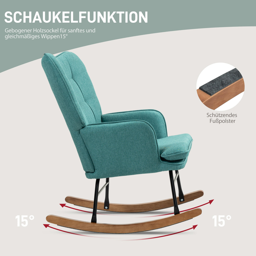 Gyngestol med fodskammel, bredt sæde, høj ryg, imiteret hør, mintgrøn