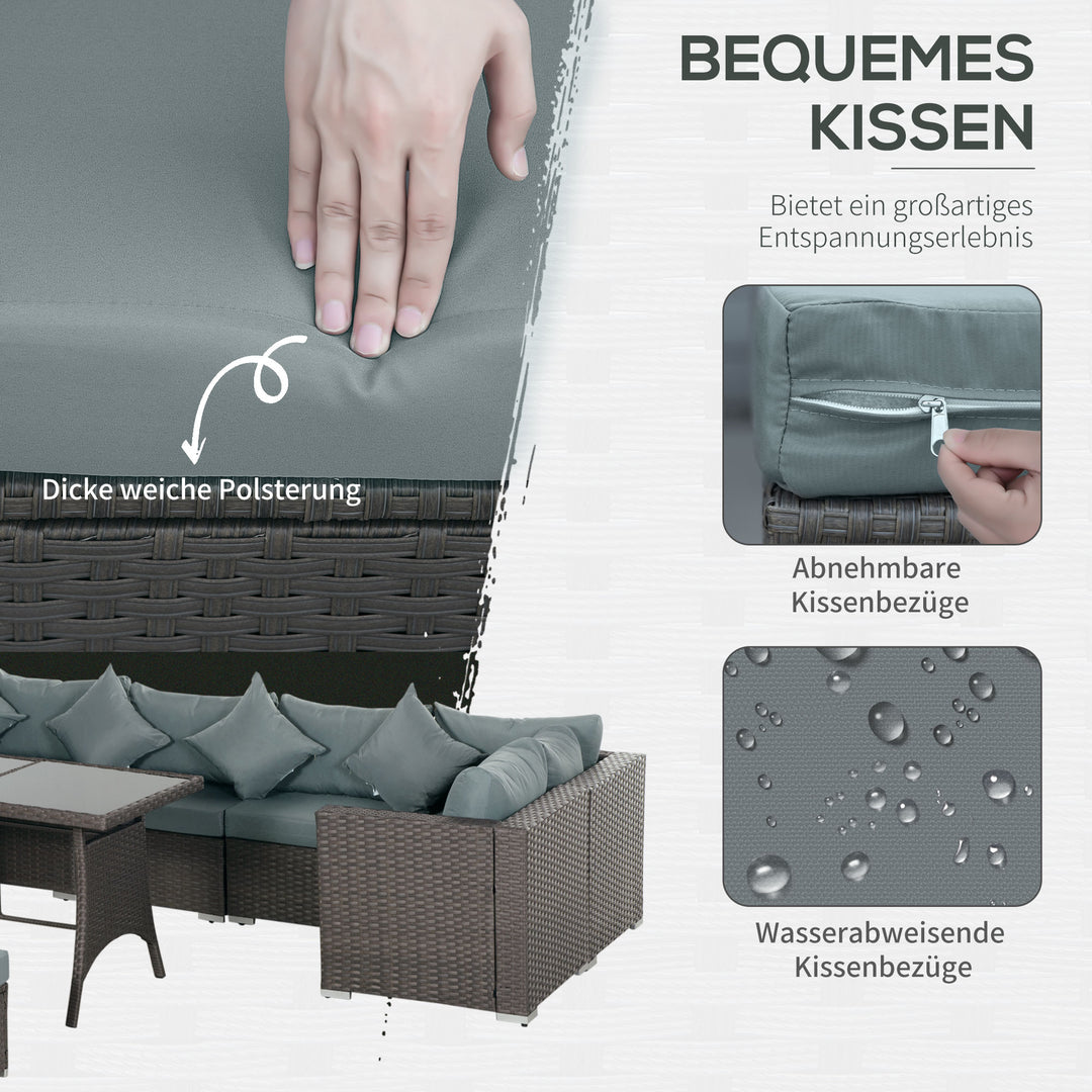 Havesæt med 10 dele i rattan-look med sæde- og ryghynder, rustfri metalramme, mørkegrå