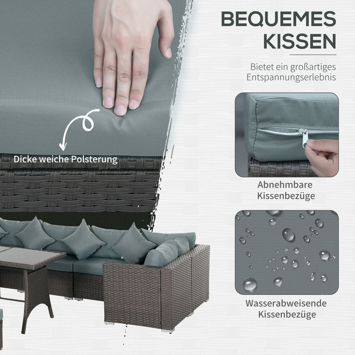 Havesæt med 10 dele i rattan-look med sæde- og ryghynder, rustfri metalramme, mørkegrå