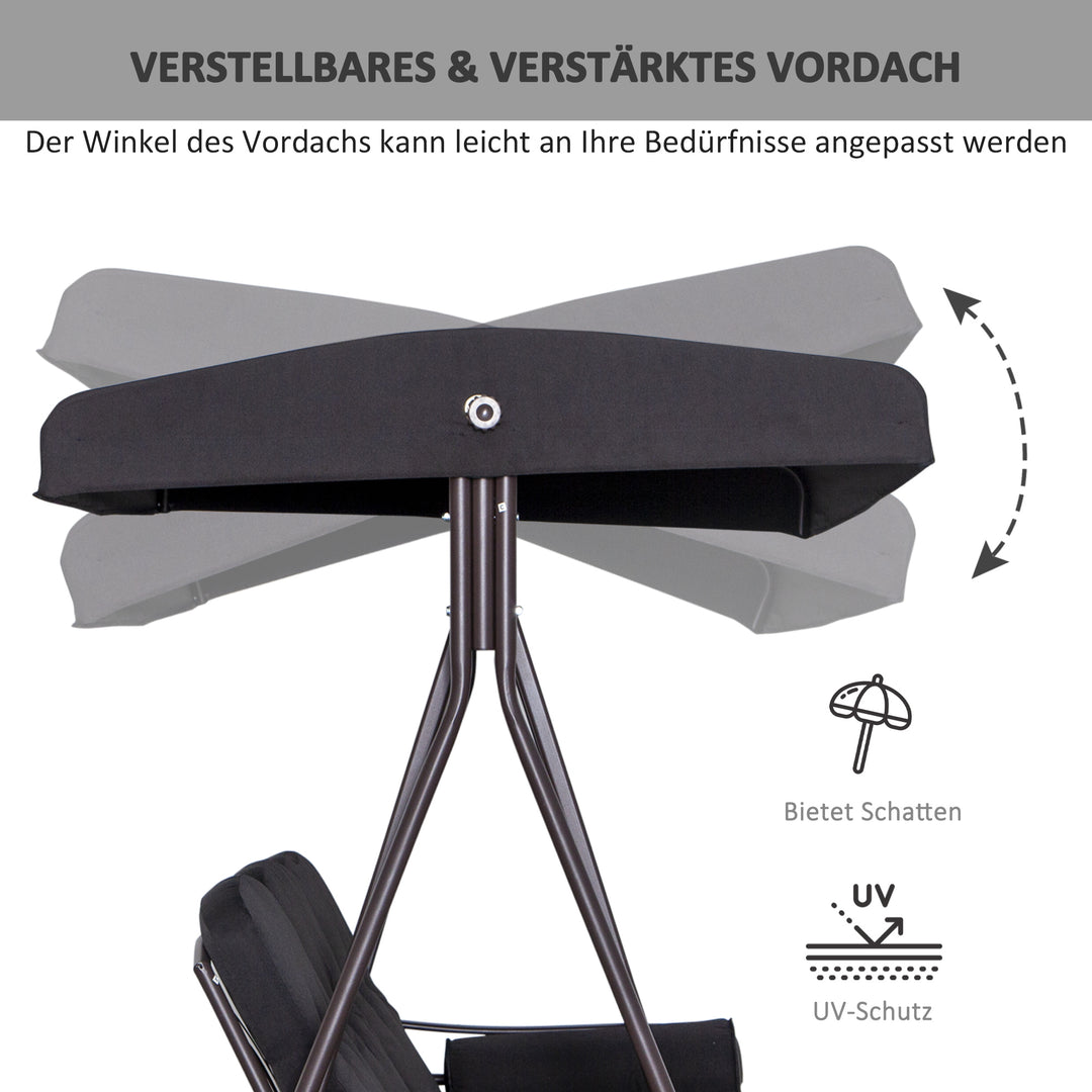 Hollywood gynge til 3 personer, vipbart tag, metalramme, brun+sort, 116 x 206 x 183 cm