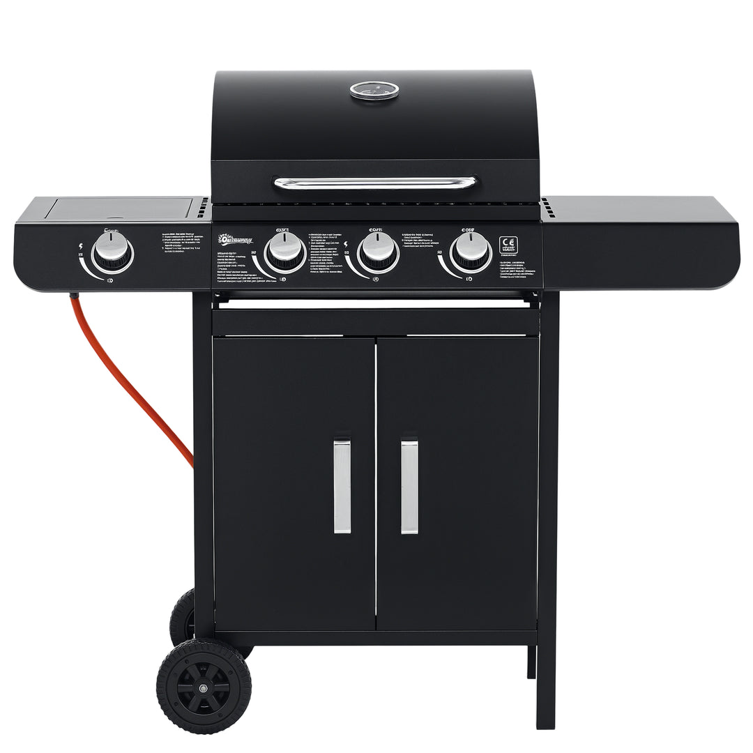 Gasgrill med 3 hovedbrændere + 1 sidebrænder, opbevaringshylde, rustfrit stål, sort, 110 x 50 x 100 cm