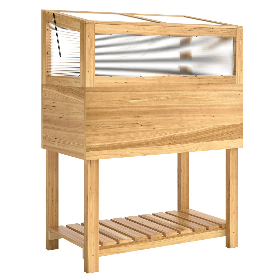 Højbed med træramme, hævet plantekasse med hængslet låg, hylde, fiberdug, ergonomisk design