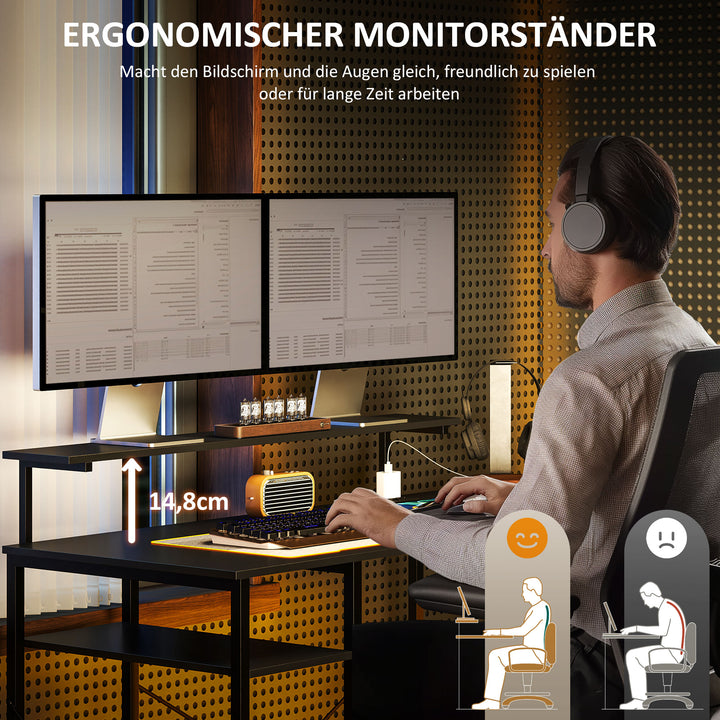 L-formet skrivebord med ladestation, hjørnecomputerbord med skærmstativ og hylder, til hjemmekontor, kontor, sort