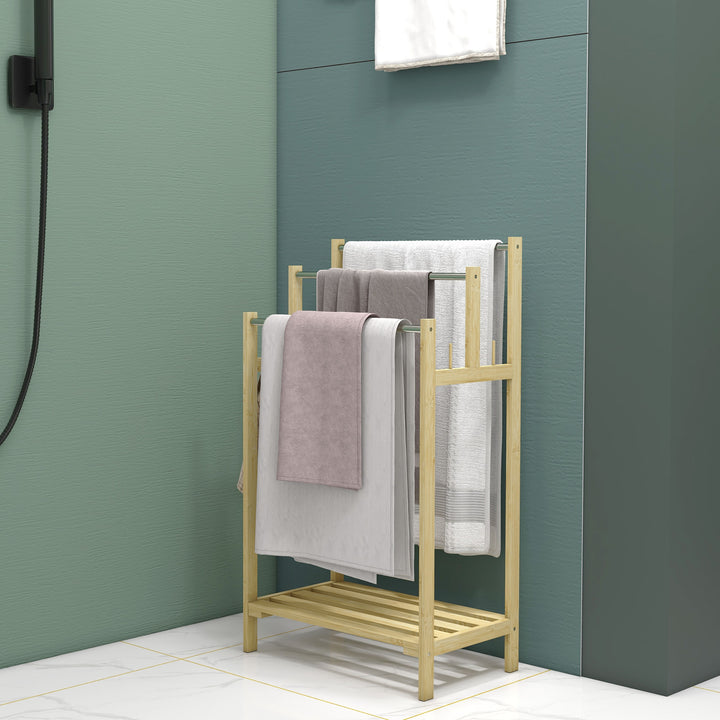 Fritstående håndklædetørrer med 3 stænger, bambus/rustfrit stål, 50,5 x 31 x 90 cm