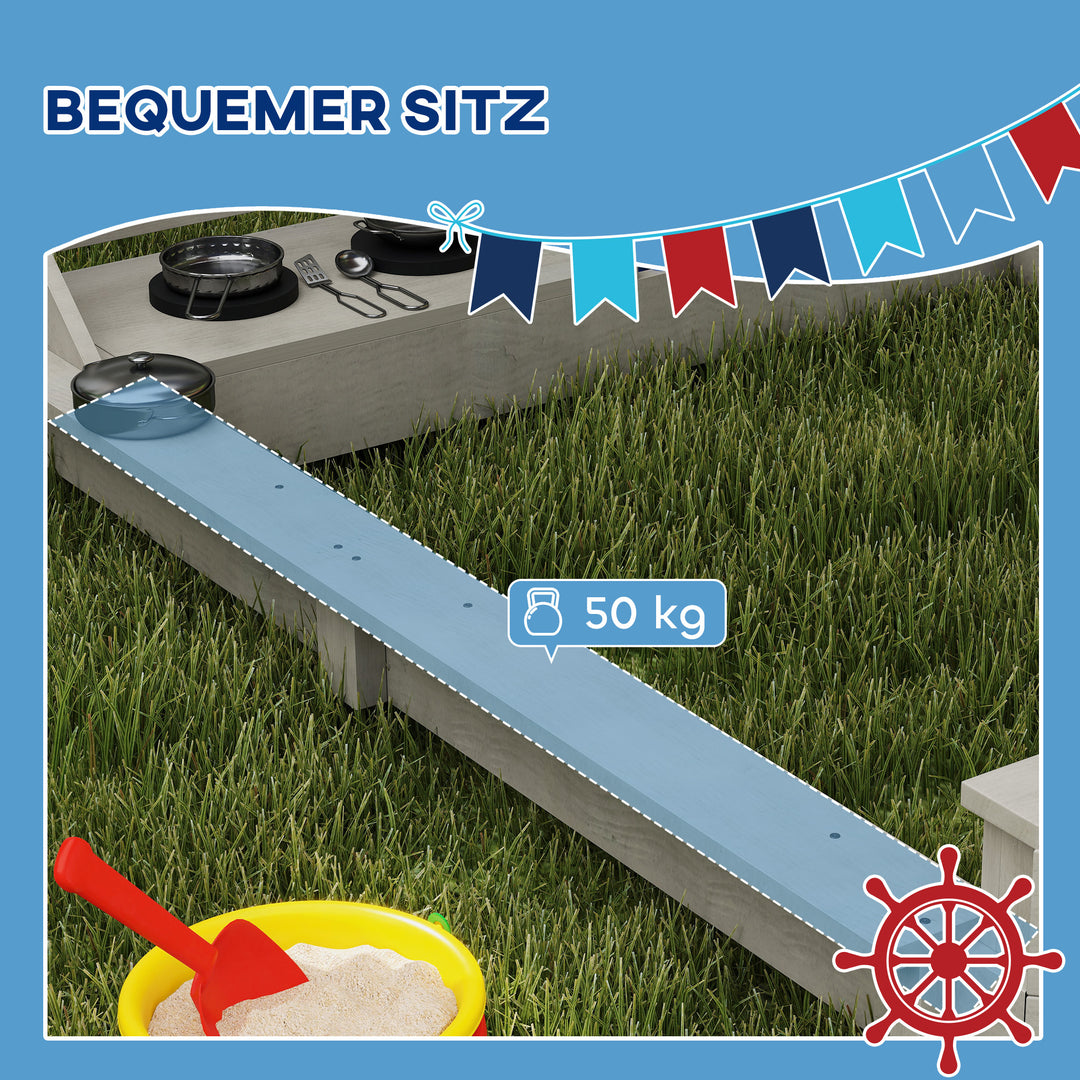 Sandkasse med soltag, piratskib, inklusive børnekøkkenlegesæt, massivt træ, 180 x 103 x 144,5 cm, grå