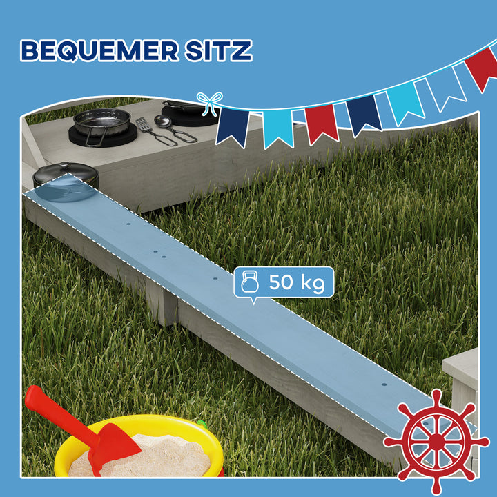 Sandkasse med soltag, piratskib, inklusive børnekøkkenlegesæt, massivt træ, 180 x 103 x 144,5 cm, grå