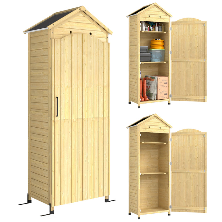 Haveskab i træ med justerbar hylde, magnetisk dør, galvaniseret tag, ventilation, 85x58x213 cm, naturtræ
