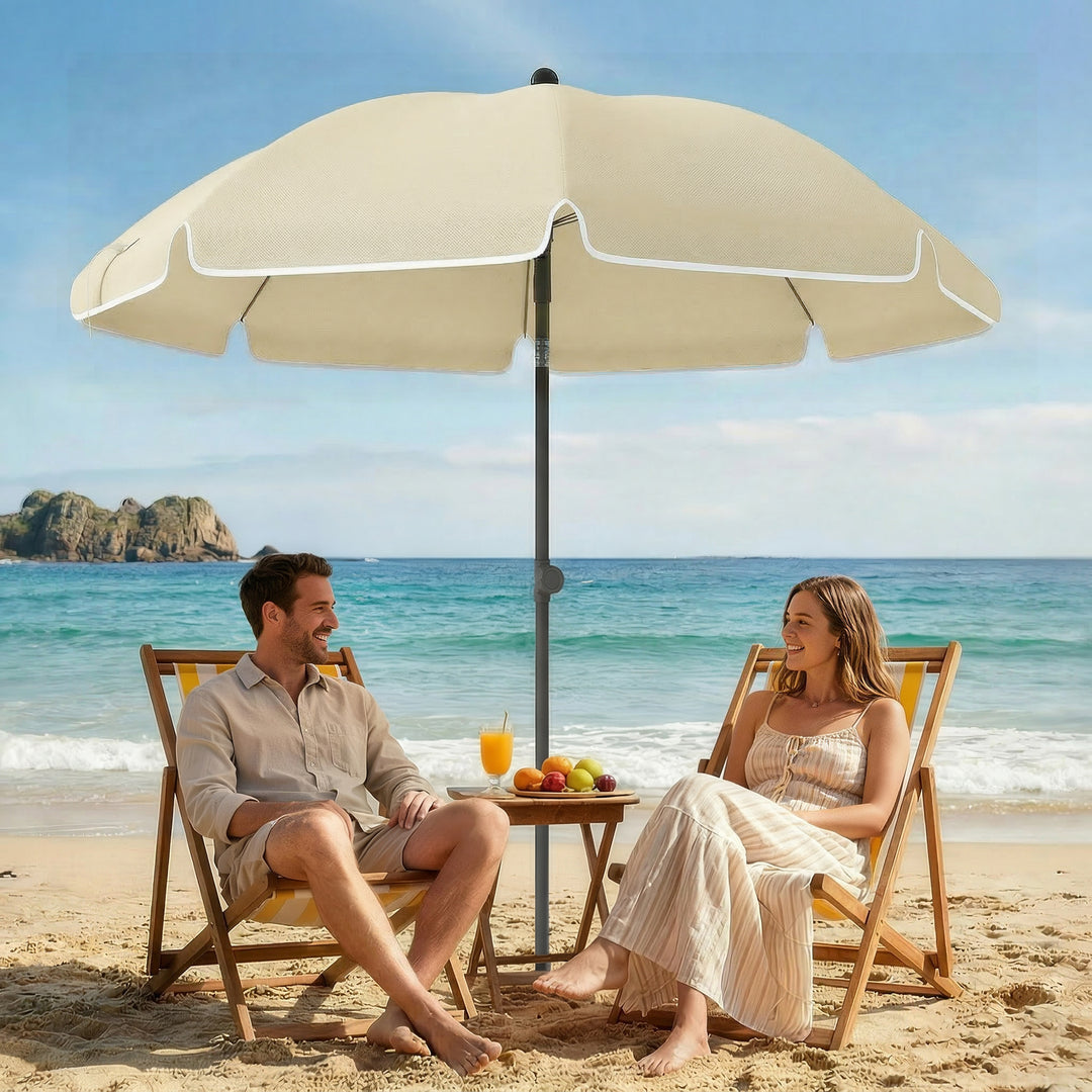 Strandparasol Ø150 cm, vandafvisende, foldbar, med sandanker, justerbar hældning, bæretaske, beige