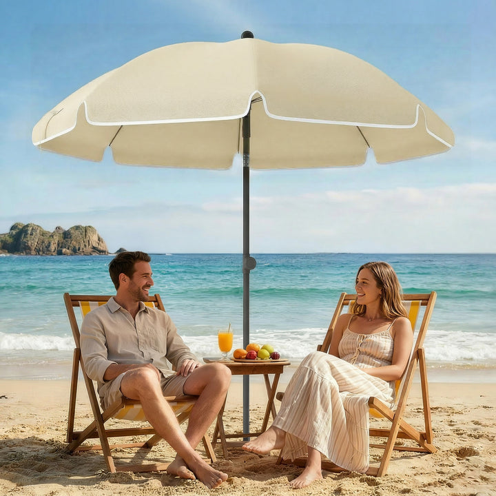 Strandparasol Ø150 cm, vandafvisende, foldbar, med sandanker, justerbar hældning, bæretaske, beige