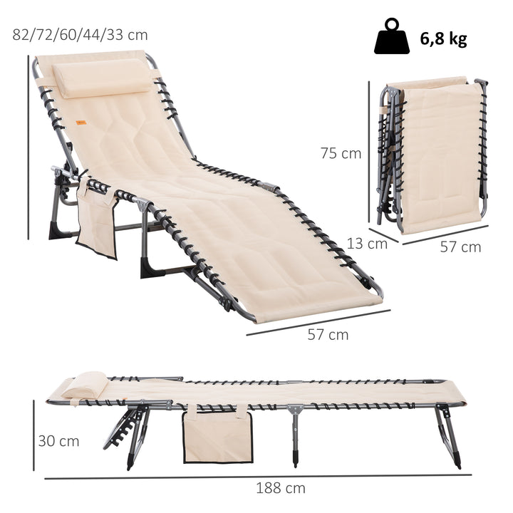 Solseng, foldbar haveliggestol, foldbar liggestol med hynde, 5-positions ryglæn, Oxfordstof, 188 x 57 x 30 cm, beige