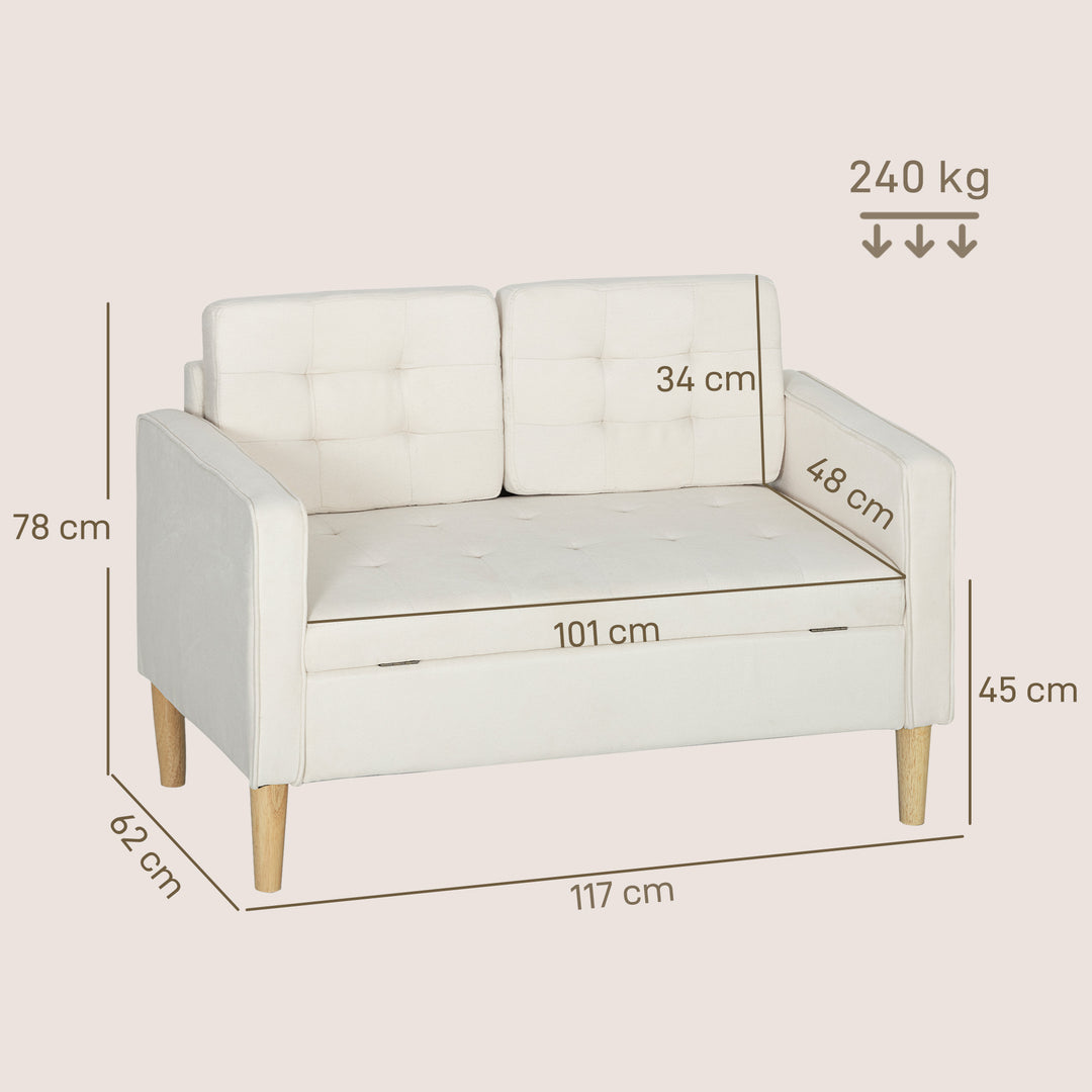 To-personers sofa med opbevaring, knapsyet kant, hynder, gummitræ, 117x62x78 cm, cremehvid