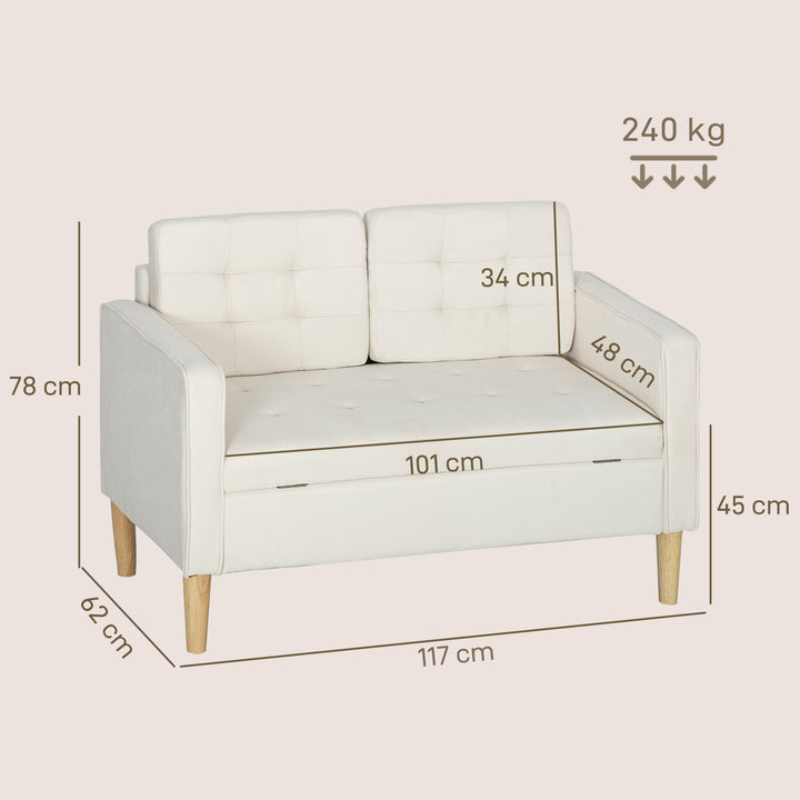 To-personers sofa med opbevaring, knapsyet kant, hynder, gummitræ, 117x62x78 cm, cremehvid