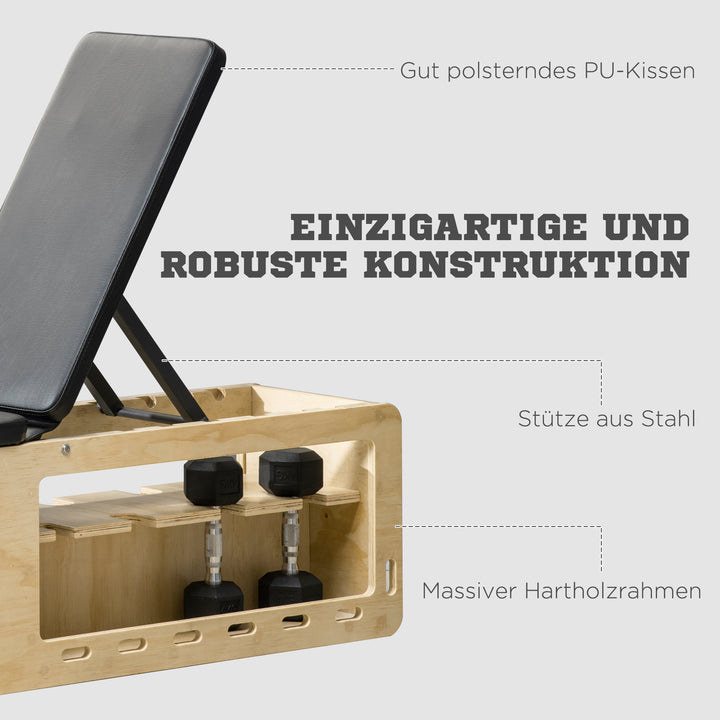 Vægtbænk med vægtstativ, 1 opbevaringskurv, justerbar i 6 positioner, massivt træ, naturlig + sort
