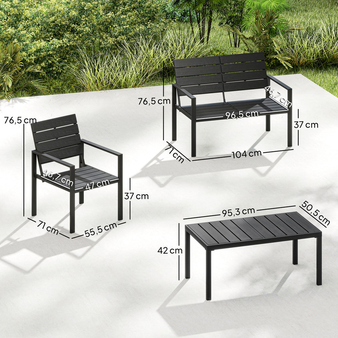 Havemøbelsæt, 4 personer, med 2-personers sofa, 2 lænestole, bredt sofabord, HDPE-lameller, vejrbestandig, sort