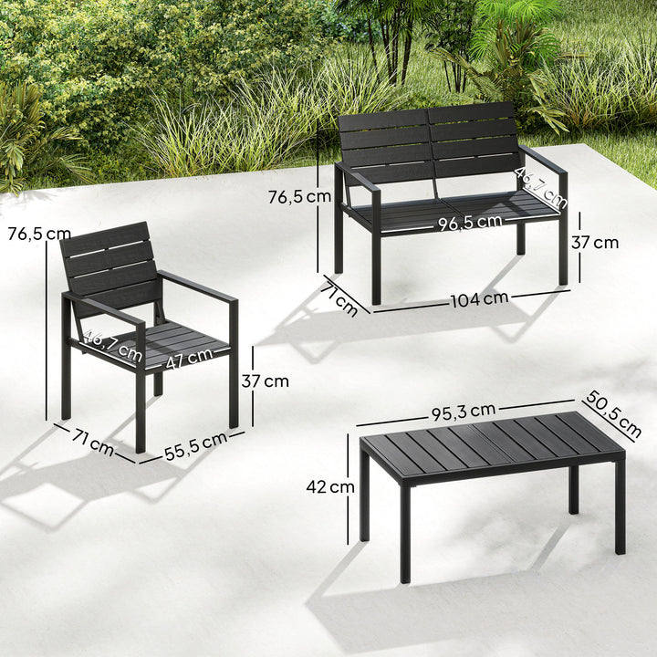 Havemøbelsæt, 4 personer, med 2-personers sofa, 2 lænestole, bredt sofabord, HDPE-lameller, vejrbestandig, sort